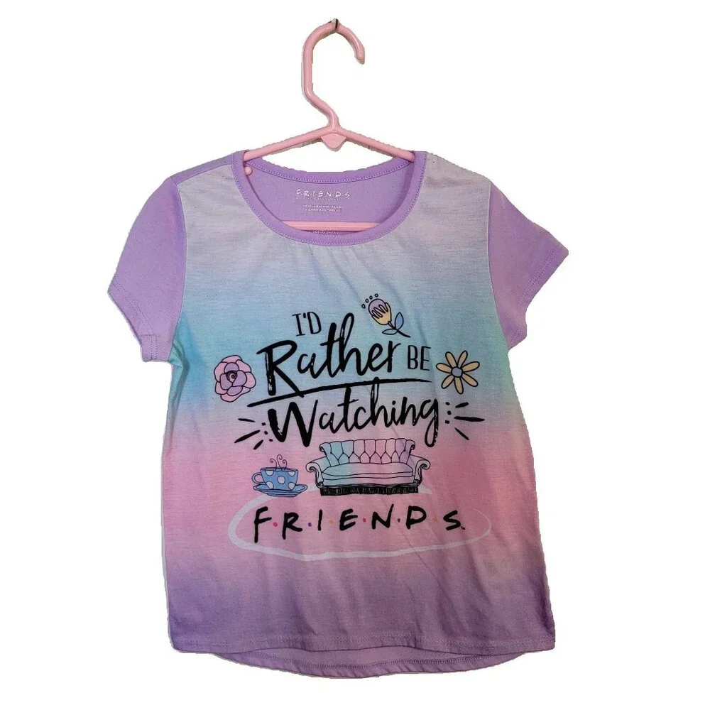 Friends Girls Pajama Top Short Sleeve Purple Pink Graphic Medium 7/8